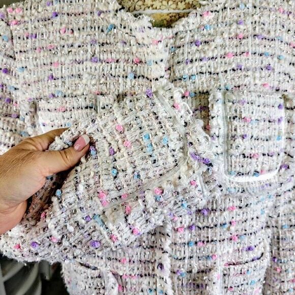 Olivaceous Bumpy Textured Colorful Silver Glittery Frayed Edge Cropped Jacket - Picture 7 of 10